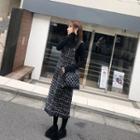 Set: Long-sleeve Turtle-neck Knit Top + Tweed Midi Shift Pinafore Dress