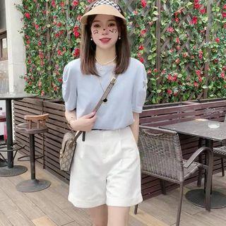 Set: Short-sleeve Plain Blouse + Loose Fit Shorts
