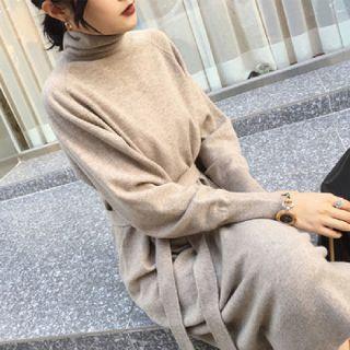 Turtleneck Tie-waist Knit Midi Dress