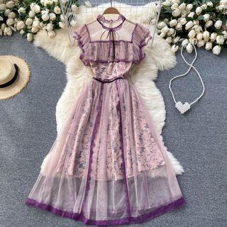 Sheer Mesh Panel Floral Dress
