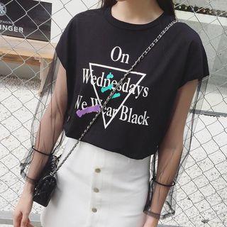 Mesh Panel Lettering Long Sleeve T-shirt