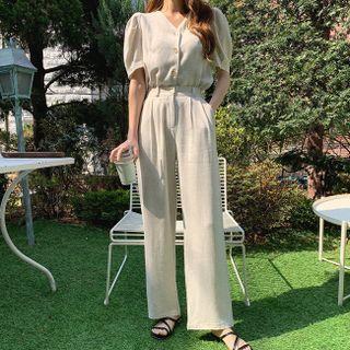 Set: Puff-sleeve Blouse + Straight-cut Pants