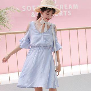 V-neck Open Shoulder Elbow-sleeve Dress