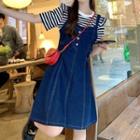 Short-sleeve Striped T-shirt / Denim Midi Overall Dress