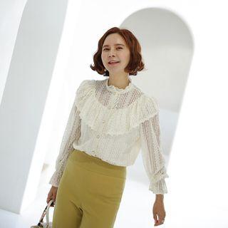 Ruffled See-through Lace Blouse