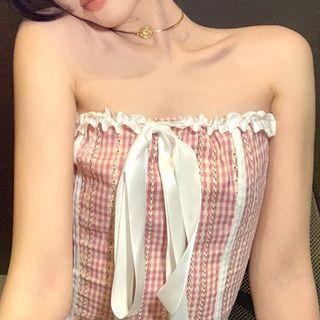 Strapless Plaid Bow Accent Top Pink - One Size