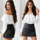 Off-shoulder Frill Long-sleeved Striped Slim Top