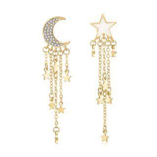 Non-matching Rhinestone Alloy Moon & Star Fringed Earring