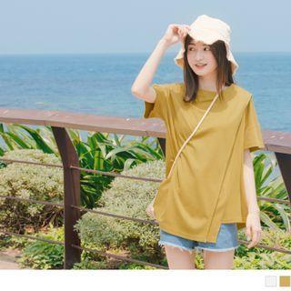 Asymmetric Hem Short-sleeve Round Neck Plain Top