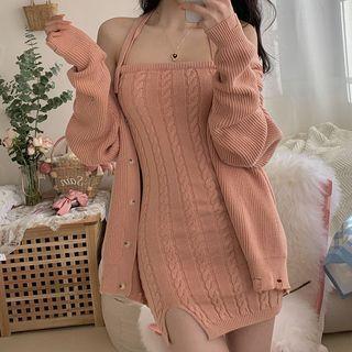 Spaghetti Strap Chunky Knit Mini Dress / Cardigan