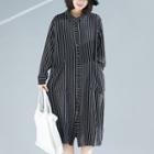 Long-sleeve Striped Midi Shirtdress Black - One Size