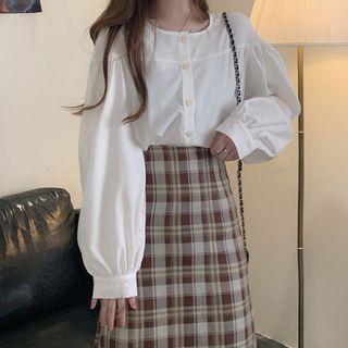 Balloon-sleeve Blouse / Plaid Midi A-line Skirt
