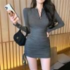 Long-sleeve Lettering Half-zip Plain Dress