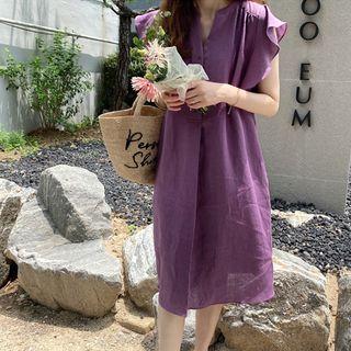 Open-placket Frilled-sleeve Linen Dress