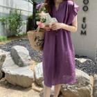 Open-placket Frilled-sleeve Linen Dress