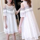 Short-sleeve Cold Shoulder Star Patterned Lace A-line Dress