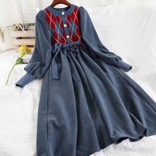 Long-sleeve Argyle Panel Midi Dress