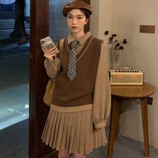 Set : Long-sleeve Shirt Dress + Vest + Tie