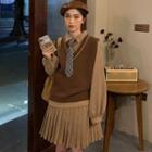 Set : Long-sleeve Shirt Dress + Vest + Tie