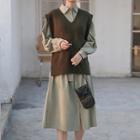 Set: Long-sleeve Midi Shirtdress + V-neck Knit Vest