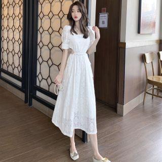 Puff-sleeve Crochet Tie-waist Dress
