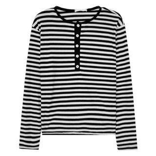 Long-sleeve Striped Henley T-shirt Stripe - Black & White - One Size