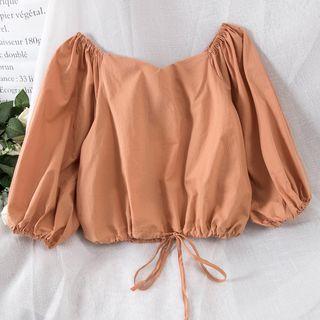 Plain 3/4-sleeve Cropped Blouse