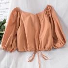 Plain 3/4-sleeve Cropped Blouse