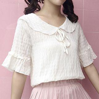 Short-sleeve Plaid Collared Chiffon Top