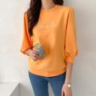 3/4-sleeve Letter Embroidered Sweatshirt