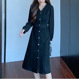 V-neck Lace Panel Midi A-line Dress