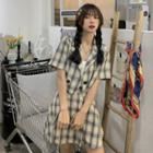 Short-sleeve Plaid Double-breasted Cropped Blazer / Mini A-line Skirt