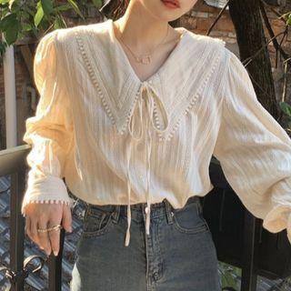 Long-sleeve Collared Tie-neck Blouse Almond - One Size