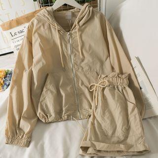 Set: Drawstring Hooded Jacket + Paperbag High-waist Shorts