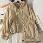 Set: Drawstring Hooded Jacket + Paperbag High-waist Shorts