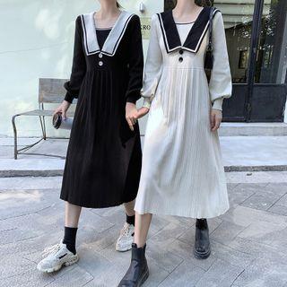 Long-sleeve Sailor Collar Knit Midi A-line Dress