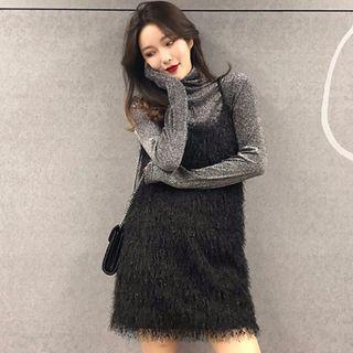 Turtleneck Long-sleeve T-shirt / Fringed Trim Spaghetti Strap Dress