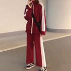 Set: Color Block Zip Jacket + Wide-leg Sweatpants Red - One Size