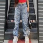 High-waist Lettering Embroidered Straight-fit Jeans