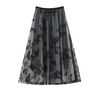 Embroidered Mesh Overlay A-line Midi Skirt