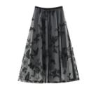 Embroidered Mesh Overlay A-line Midi Skirt