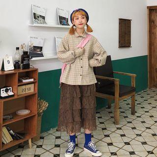 Plaid Shirt / Lace Midi Tiered Skirt