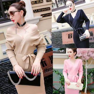 Tie-waist V-neck Long-sleeve Knit Sheath Dress