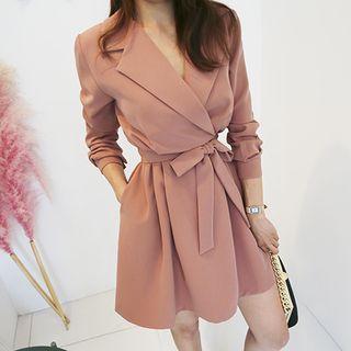 Notched-lapel A-line Coatdress With Sash