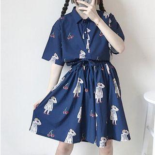 Elbow-sleeve Print Shirt / Wide-leg Shorts