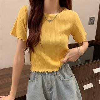 Short-sleeve Plain Ruffled-trim Top
