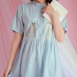Cat Embroidered Short Sleeve Dress