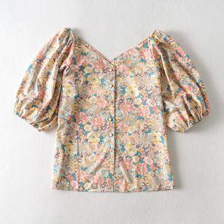 Floral Puff-sleeve V-neck Blouse