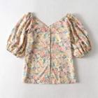 Floral Puff-sleeve V-neck Blouse