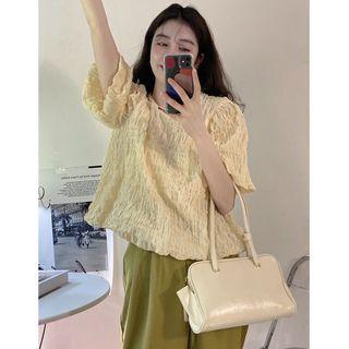 Short-sleeve Shirred Blouse Yellow - One Size